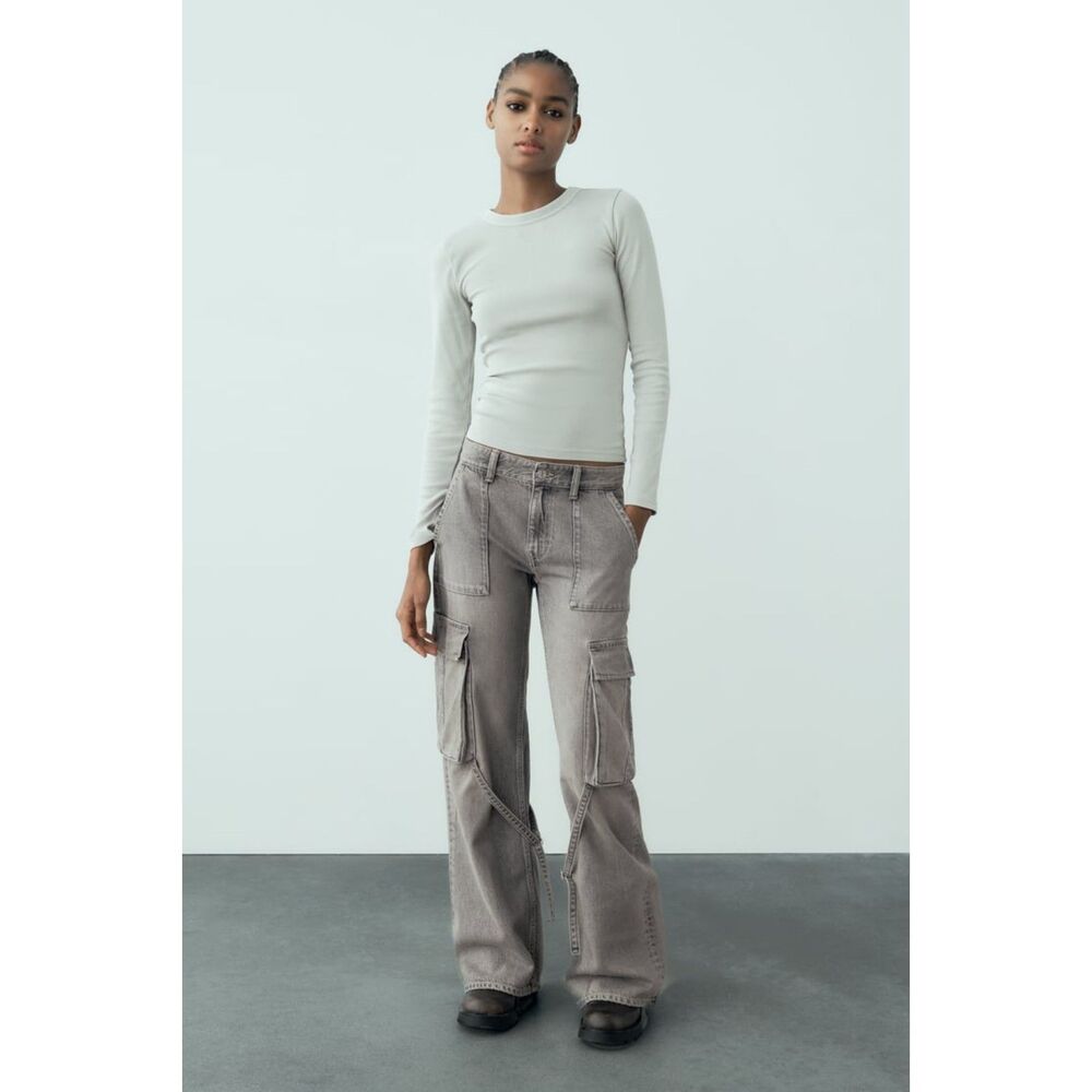 Zara Washed Gray Straight-Leg Cargo Jeans